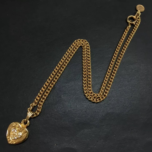 CELINE Logo Rhinestone Heart Gold Tone Pendant Necklace - Picture 1 of 6